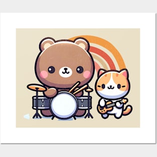 Bear & Cat Music - Rainbow Bright Kawaii Posters and Art